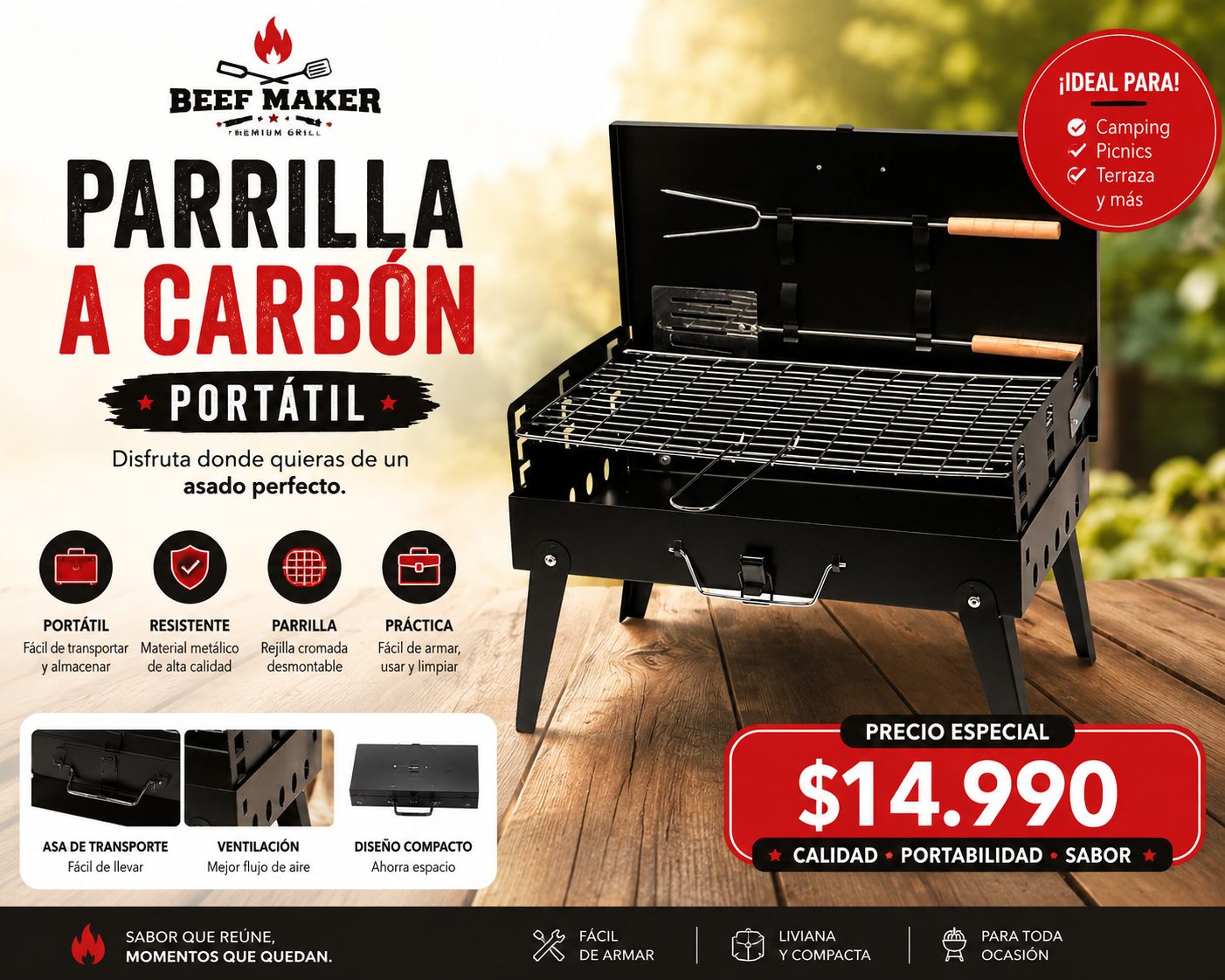 Parrilla a carbón portátil Beef Maker